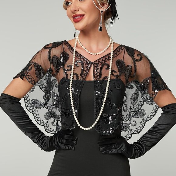 1920s Shawl Wraps Sequin Beaded Evening Cape Bridal Shawl Bolero Flapper Cover U - Picture 2 of 5